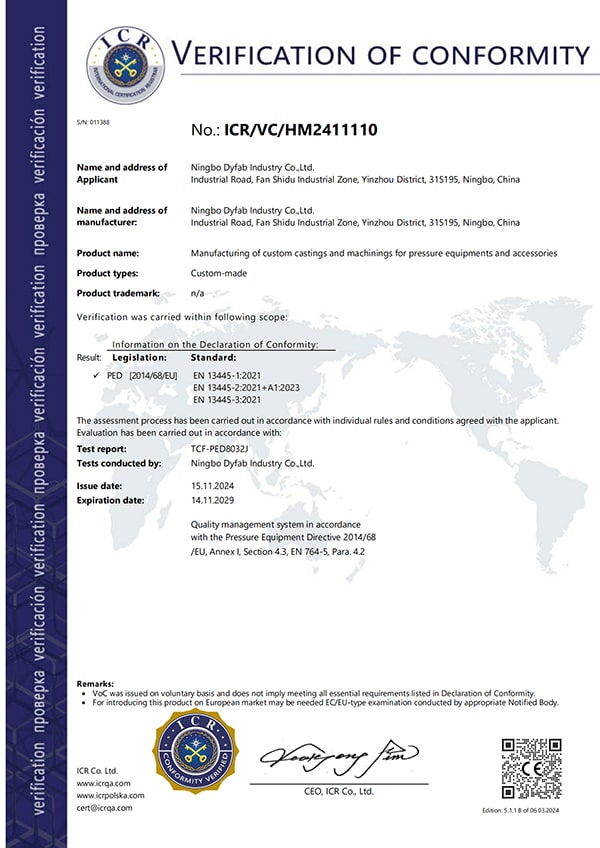 Ningbo Dyfab solicitou recentemente o PED e nós conseguimos
